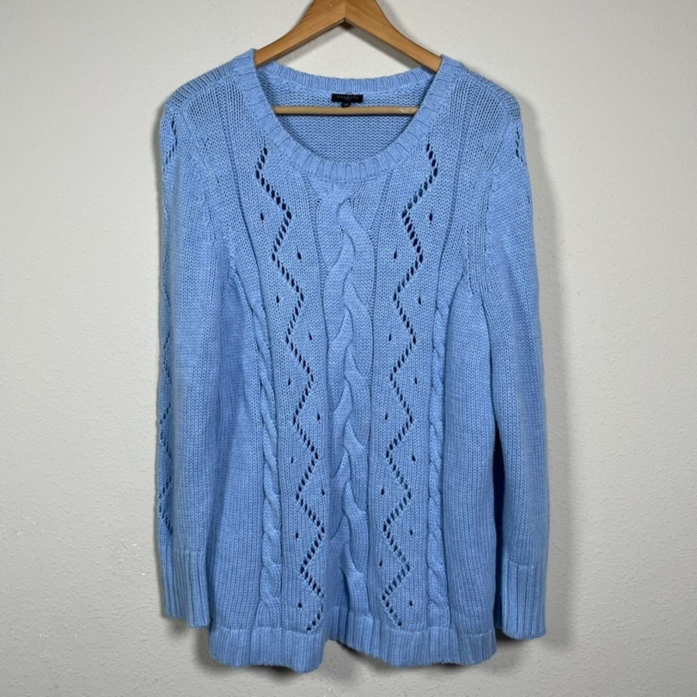 Talbots Plus Sweater Womens 1X Blue Cable Knit Pointelle Cotton Blend Crew Neck